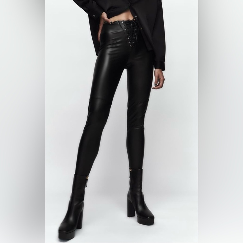 ZARA Trafaluc vegan leather leggings size XS, mid-raise, lace up front Gothic